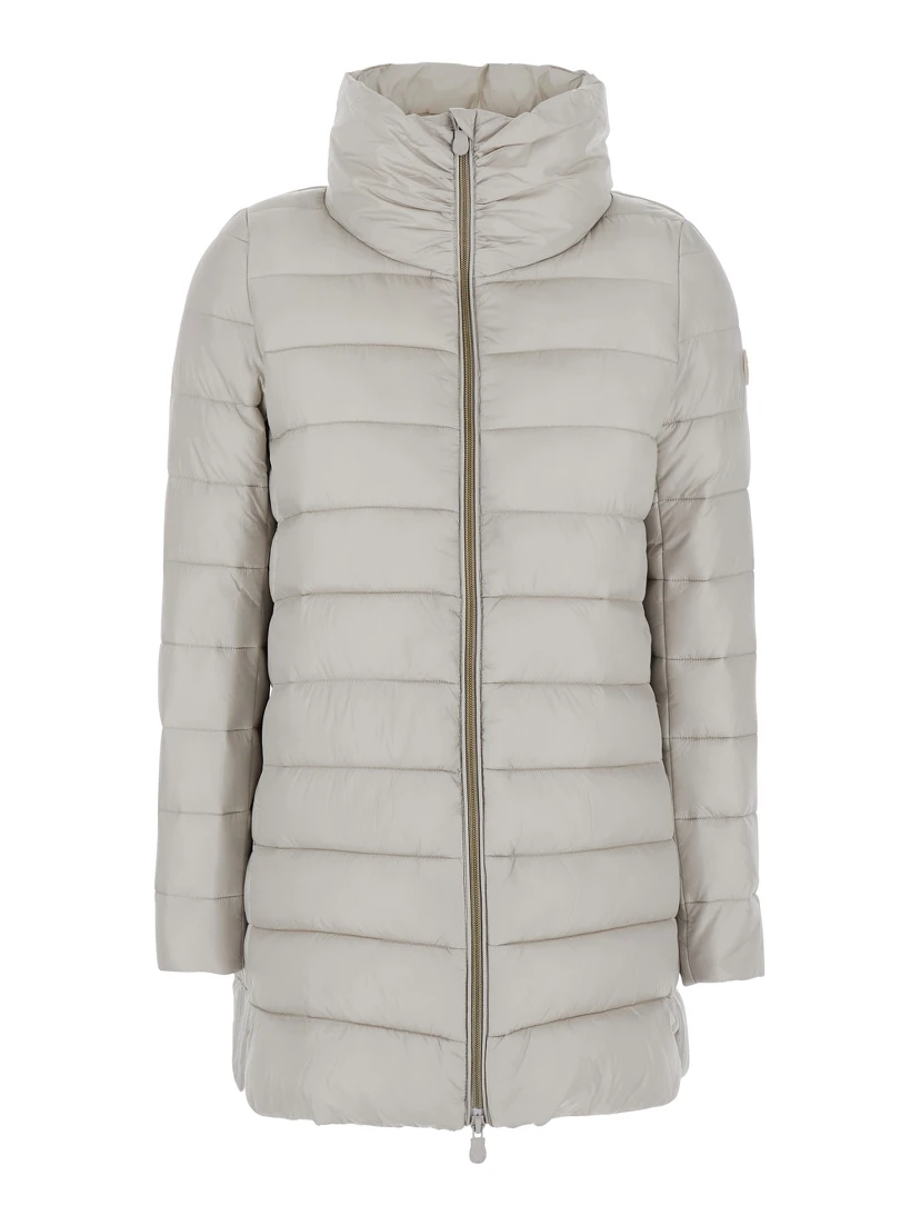 Lydia Beige Down Jacket with High Neck and Logo Patch on the Sleeve in Tech Fabric Woman