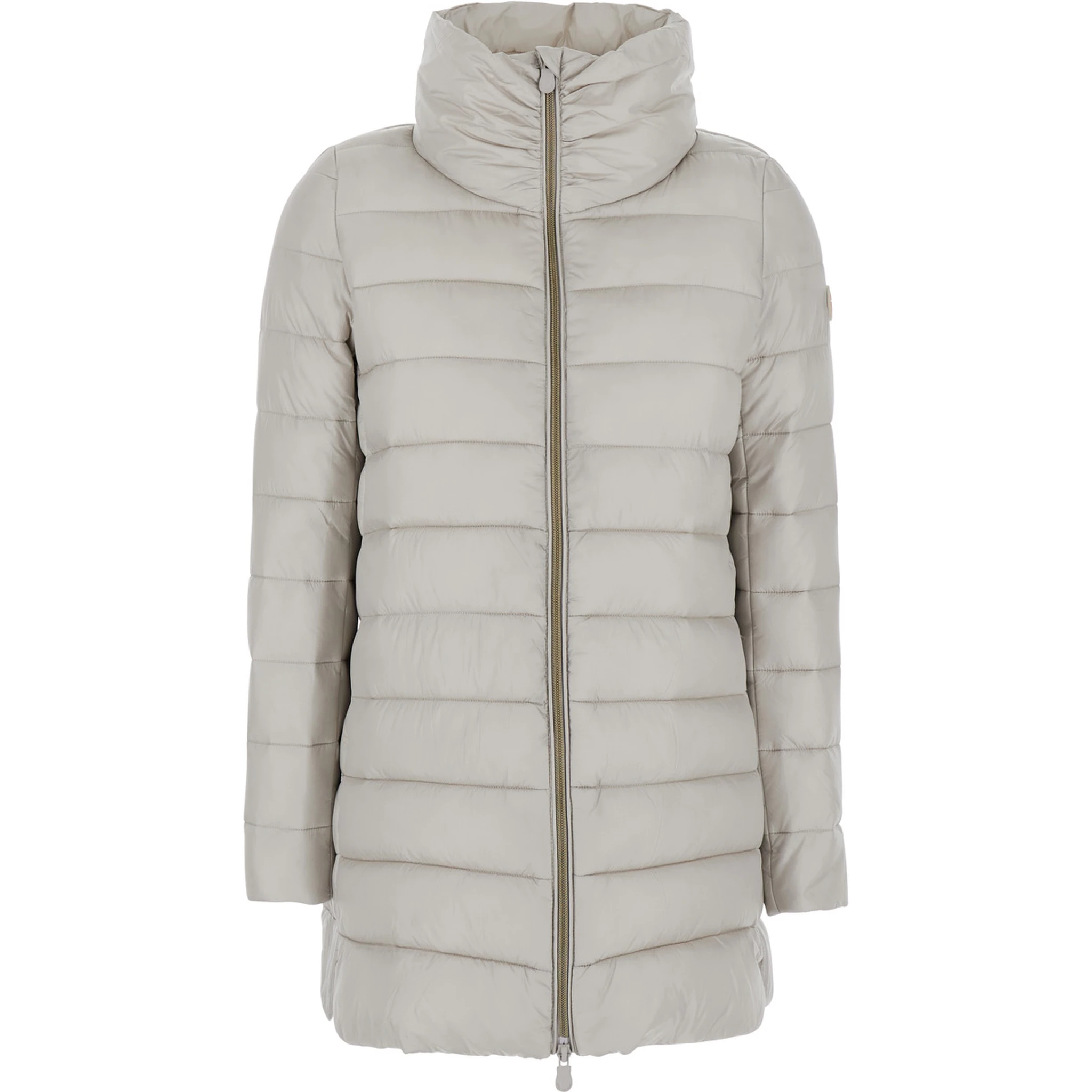 Lydia Beige Down Jacket with High Neck and Logo Patch on the Sleeve in Tech Fabric Woman