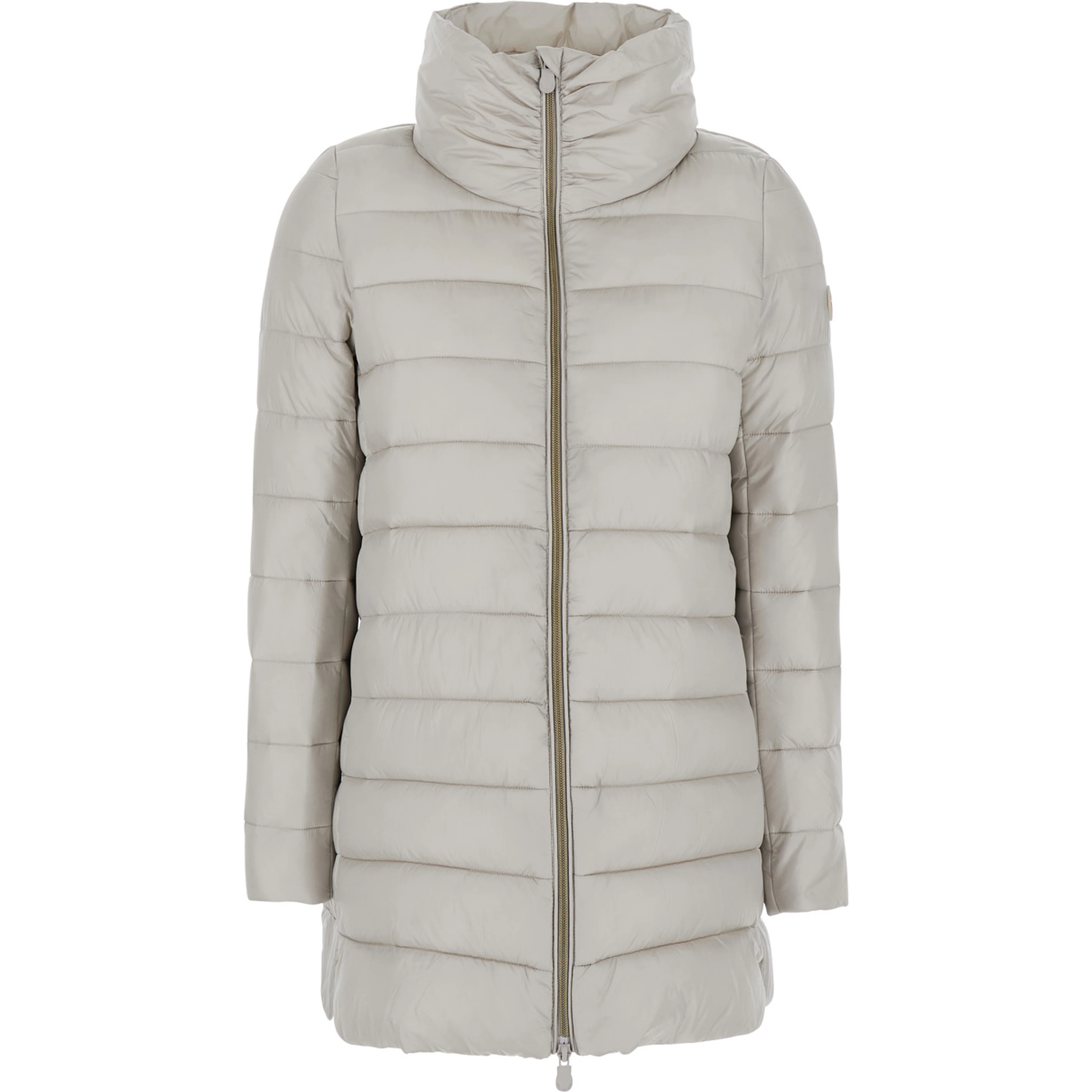 Lydia Beige Down Jacket with High Neck and Logo Patch on the Sleeve in Tech Fabric Woman