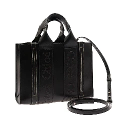 Small Woody Black Tote Bag with Tonal Logo Detail in Leather Woman