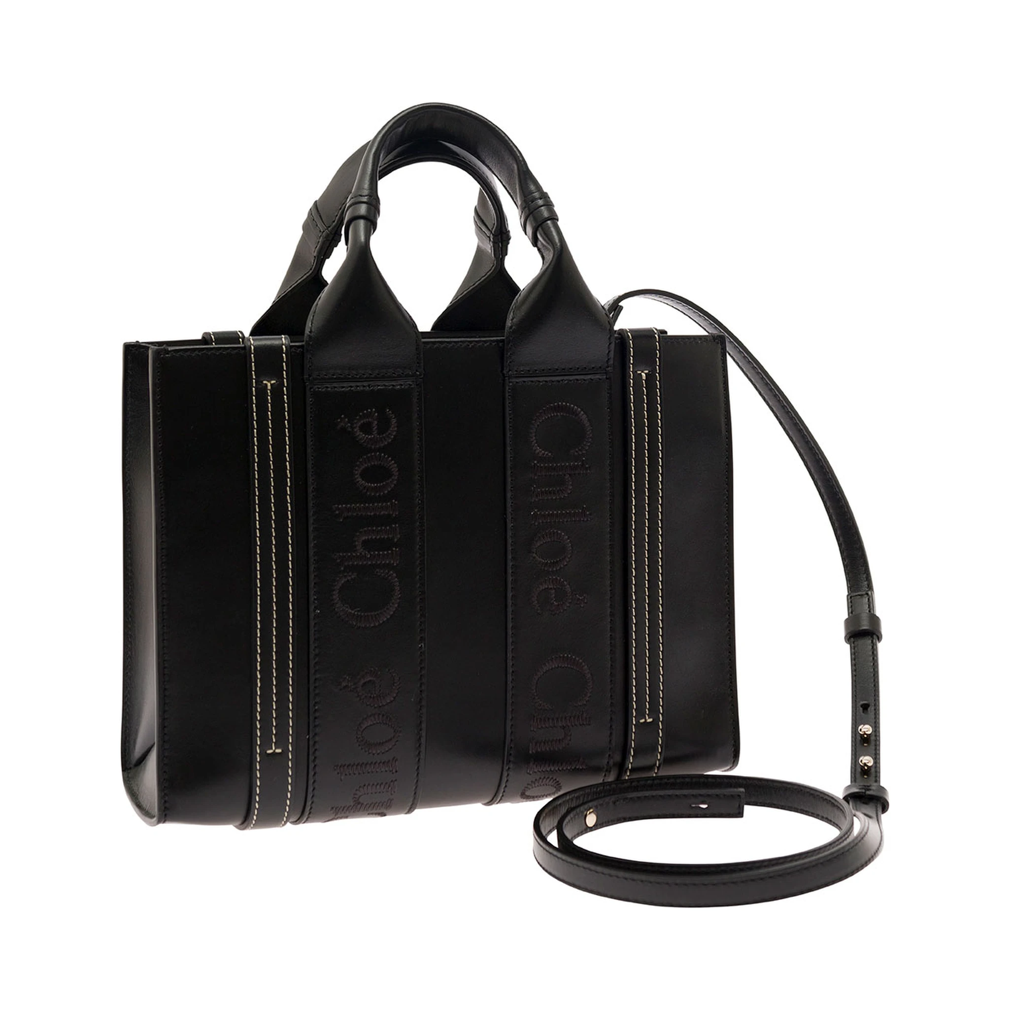 Small Woody Black Tote Bag with Tonal Logo Detail in Leather Woman
