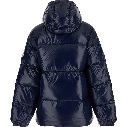 Sten Blue Down Jacket with Drawstring Hood and Logo Patch in Technical Fabric Unisex