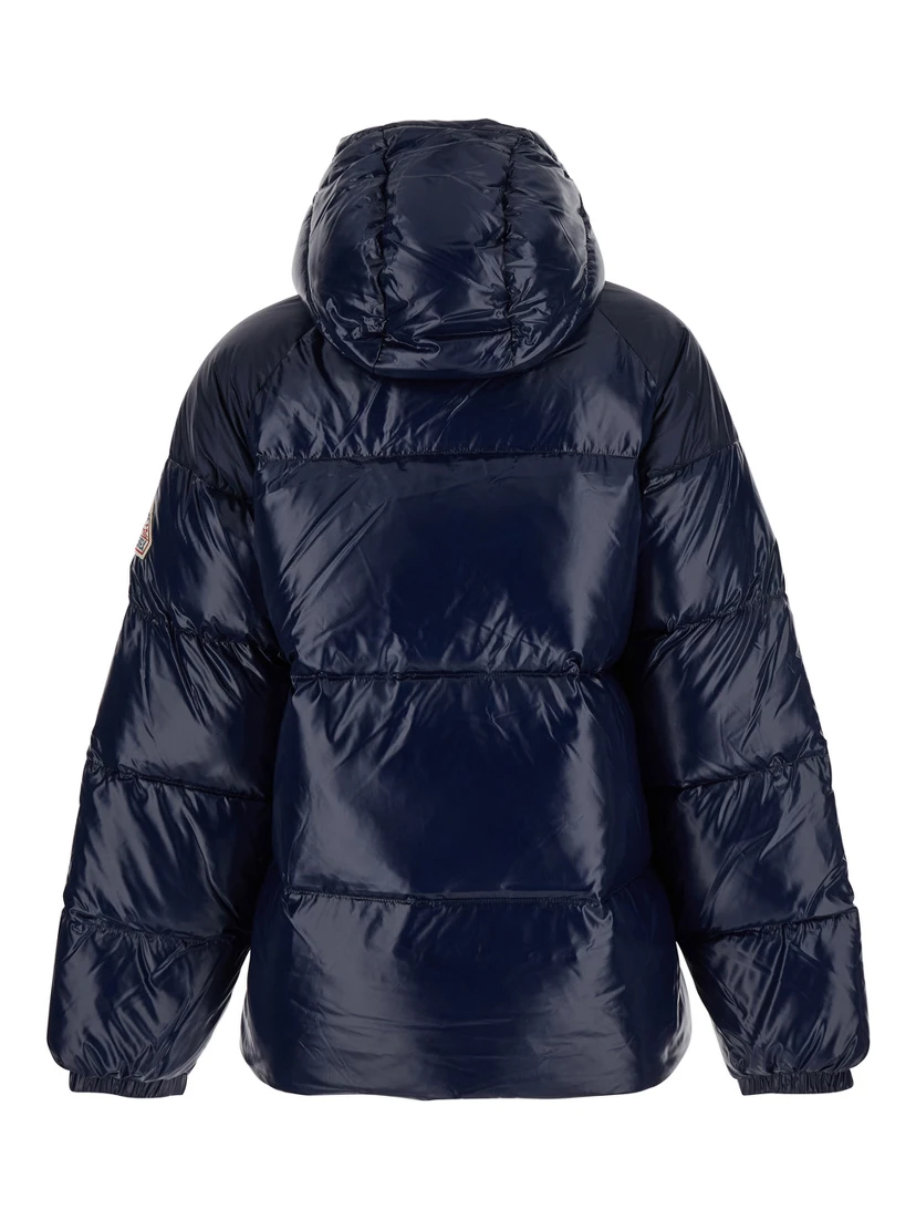 Sten Blue Down Jacket with Drawstring Hood and Logo Patch in Technical Fabric Unisex