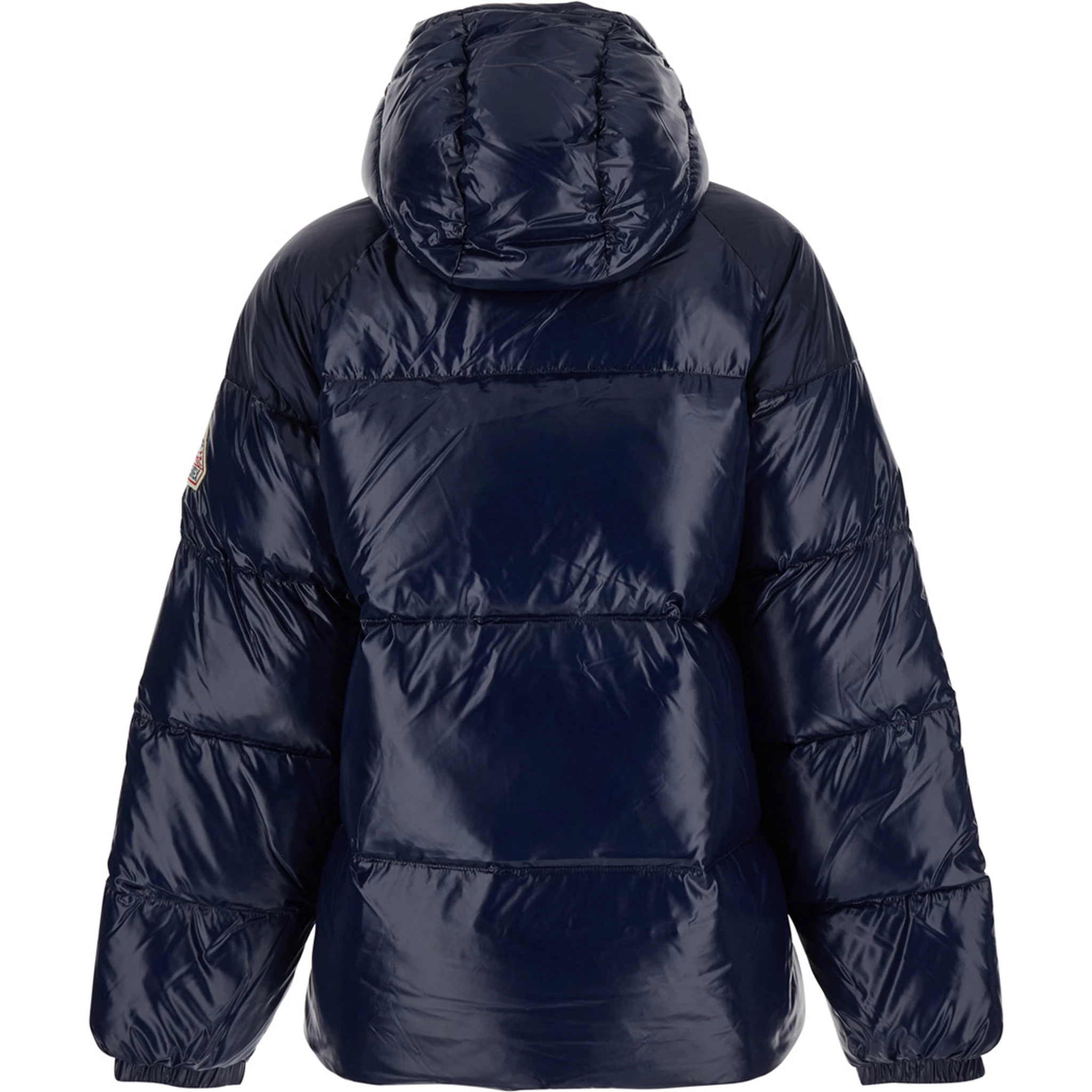 Sten Blue Down Jacket with Drawstring Hood and Logo Patch in Technical Fabric Unisex
