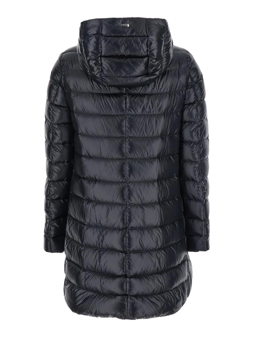 Black Down Jacket with Fixed Hood and Two Front Welt Pockets with Zip in Tech Fabric Woman