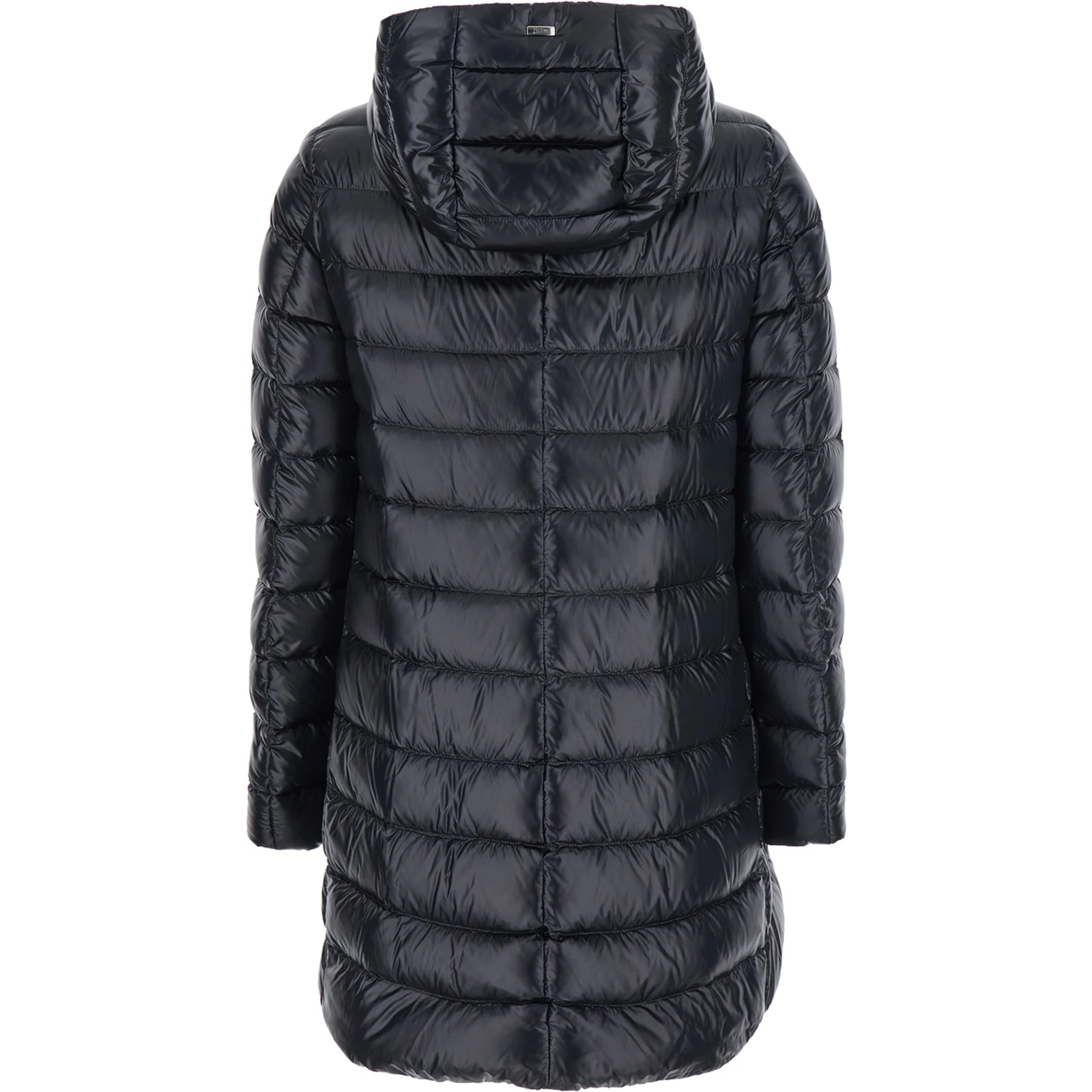 Black Down Jacket with Fixed Hood and Two Front Welt Pockets with Zip in Tech Fabric Woman