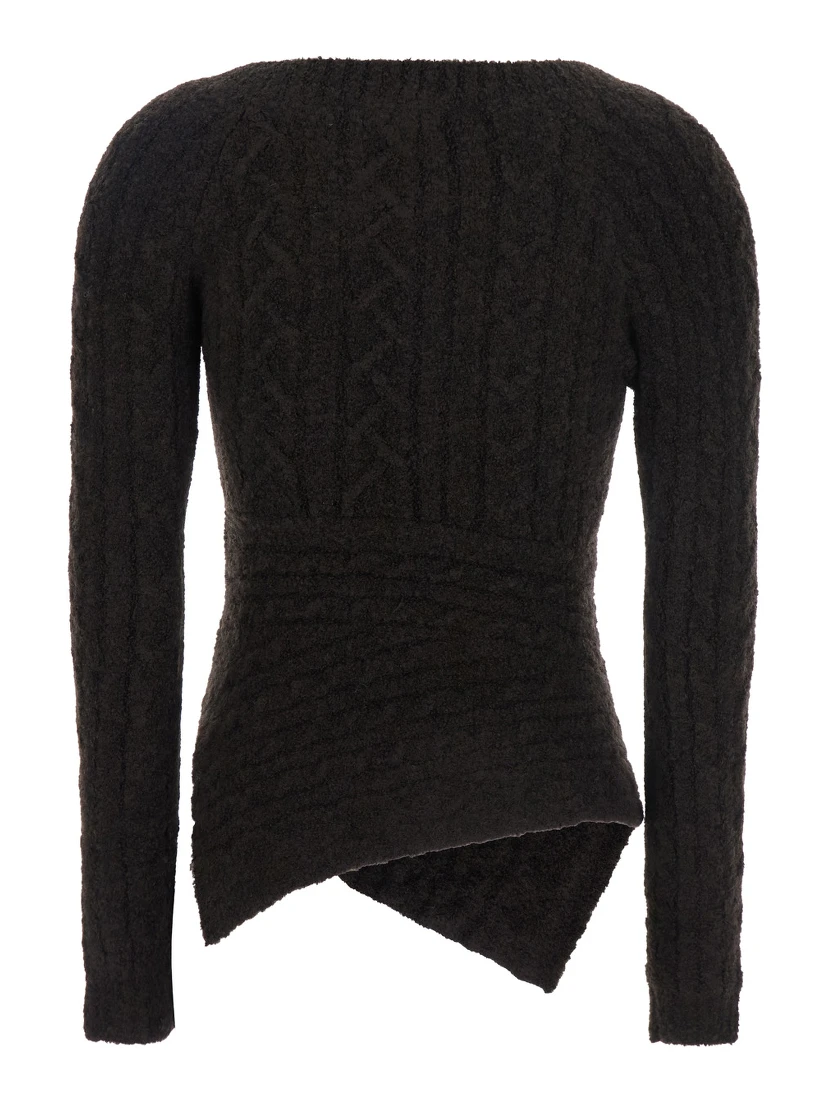 Brown Sweater with Asymmetrical Design and Logo Lettering in Wool Woman