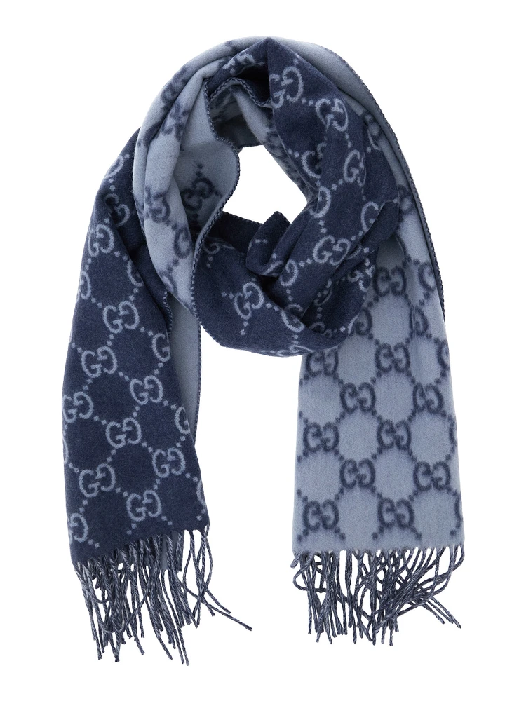 Blue Scarf with All-Over GG Motif and Fringed Hem in Cashmere Man alternative