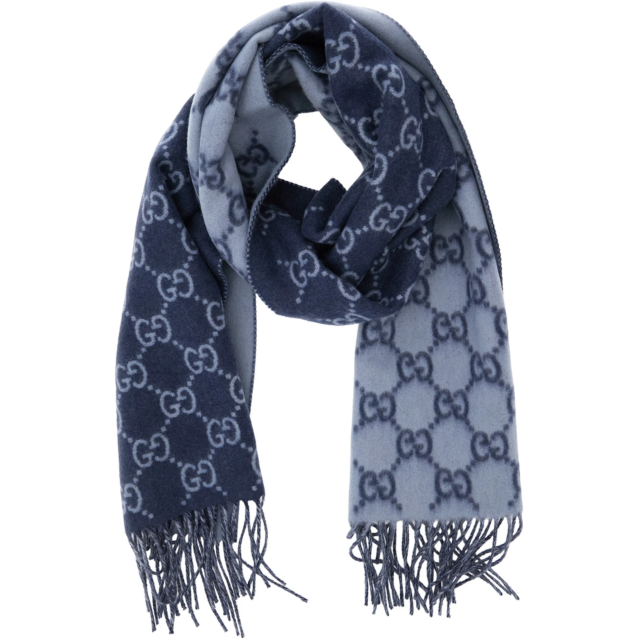 Blue Scarf with All-Over GG Motif and Fringed Hem in Cashmere Man