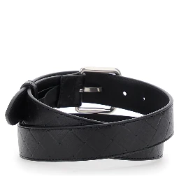 Black Belt with Intrecciato Motif and Buckle Closure in Leather Man