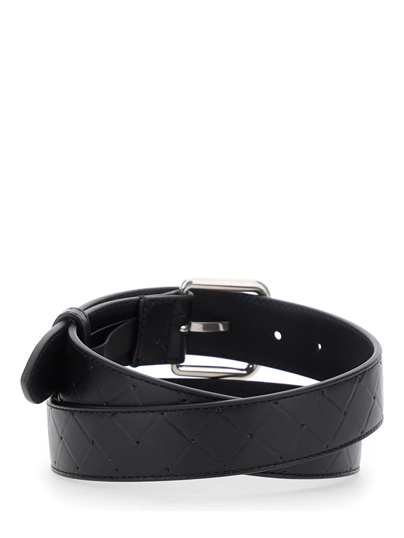 Black Belt with Intrecciato Motif and Buckle Closure in Leather Man