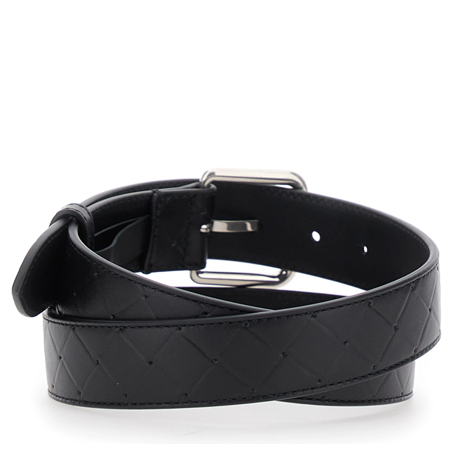 Black Belt with Intrecciato Motif and Buckle Closure in Leather Man