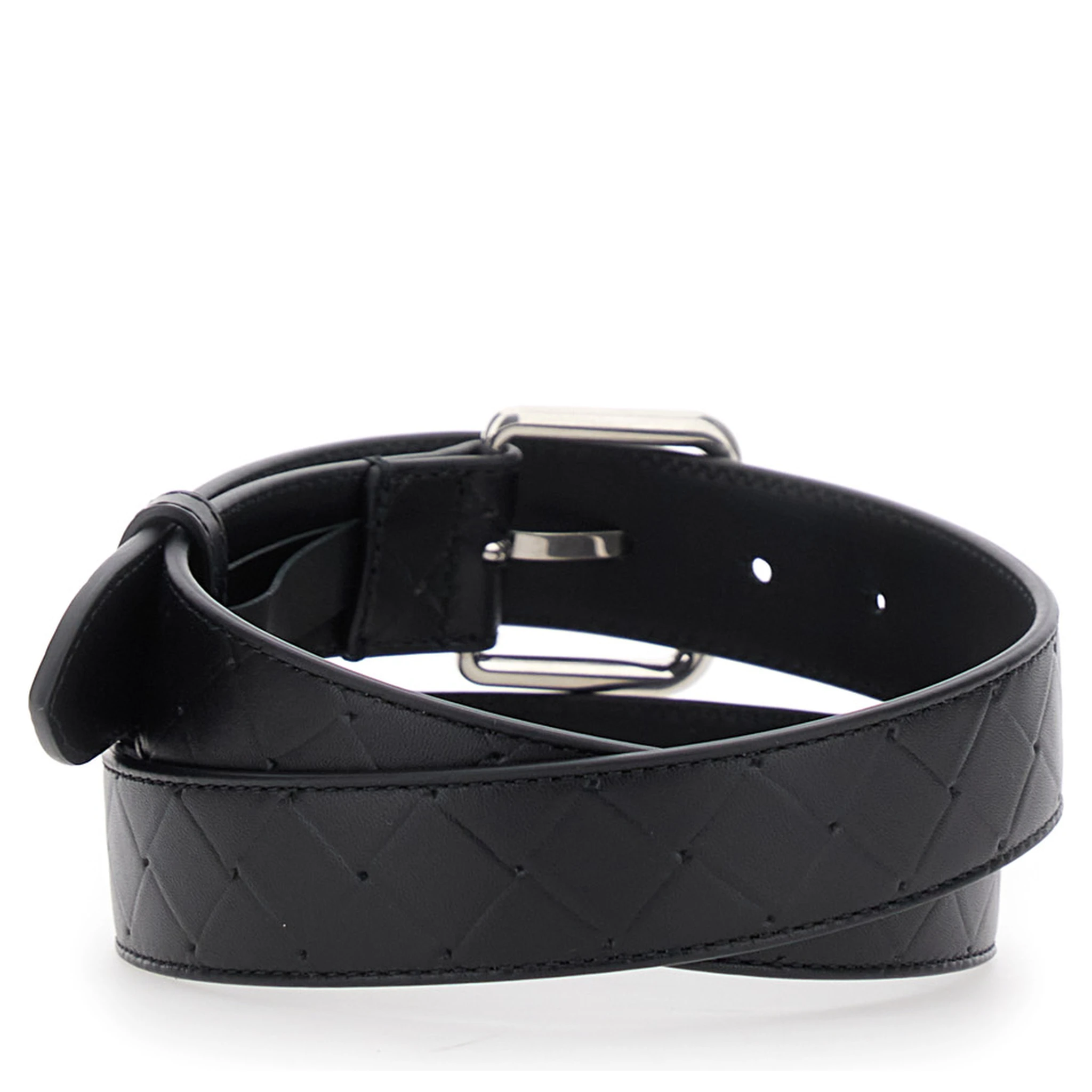 Black Belt with Intrecciato Motif and Buckle Closure in Leather Man
