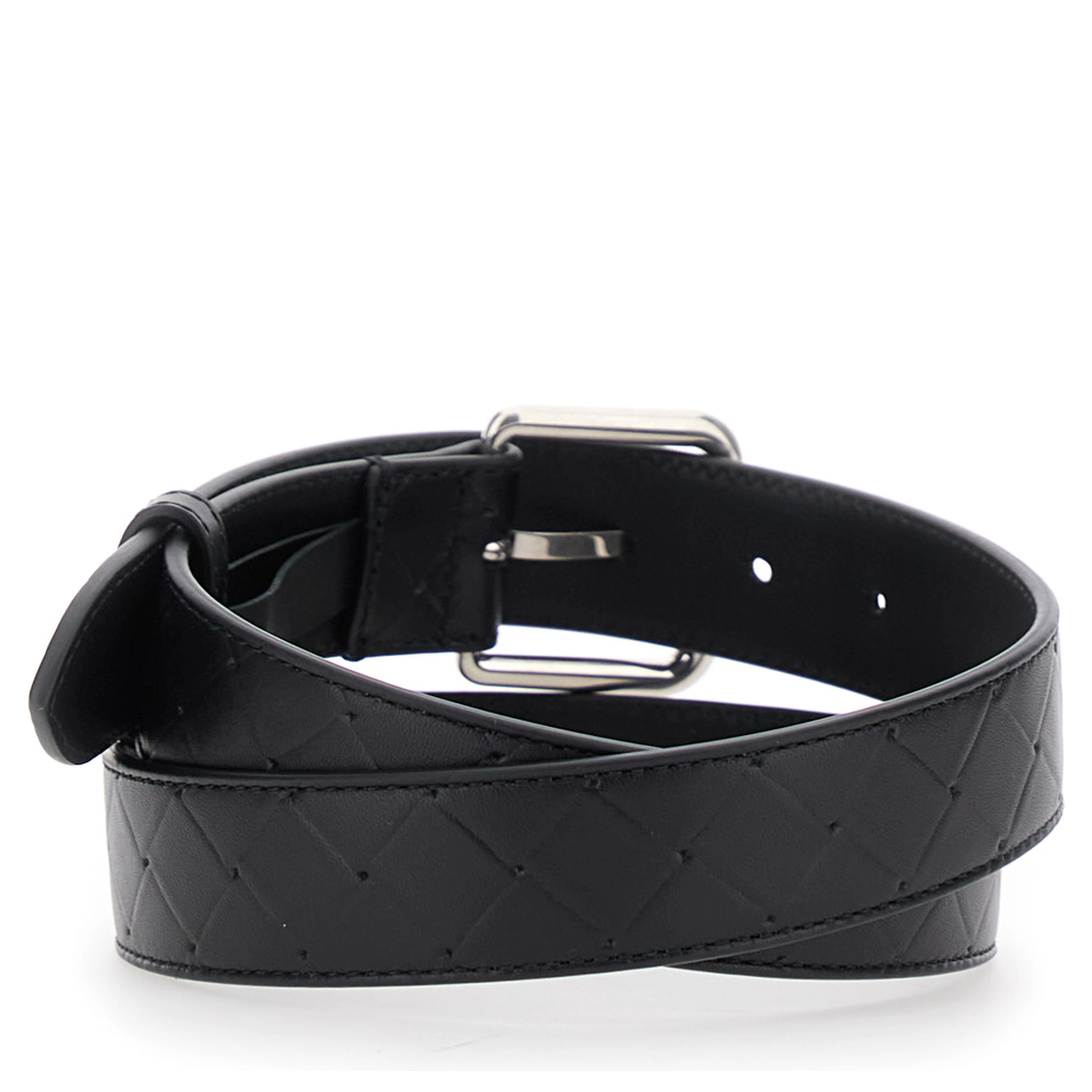 Black Belt with Intrecciato Motif and Buckle Closure in Leather Man