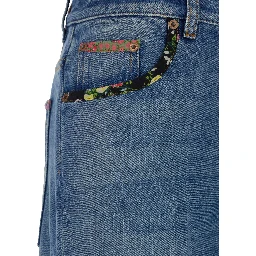 Blue Jeans with Logo Patch on the Rear and Floral Details in Denim Woman