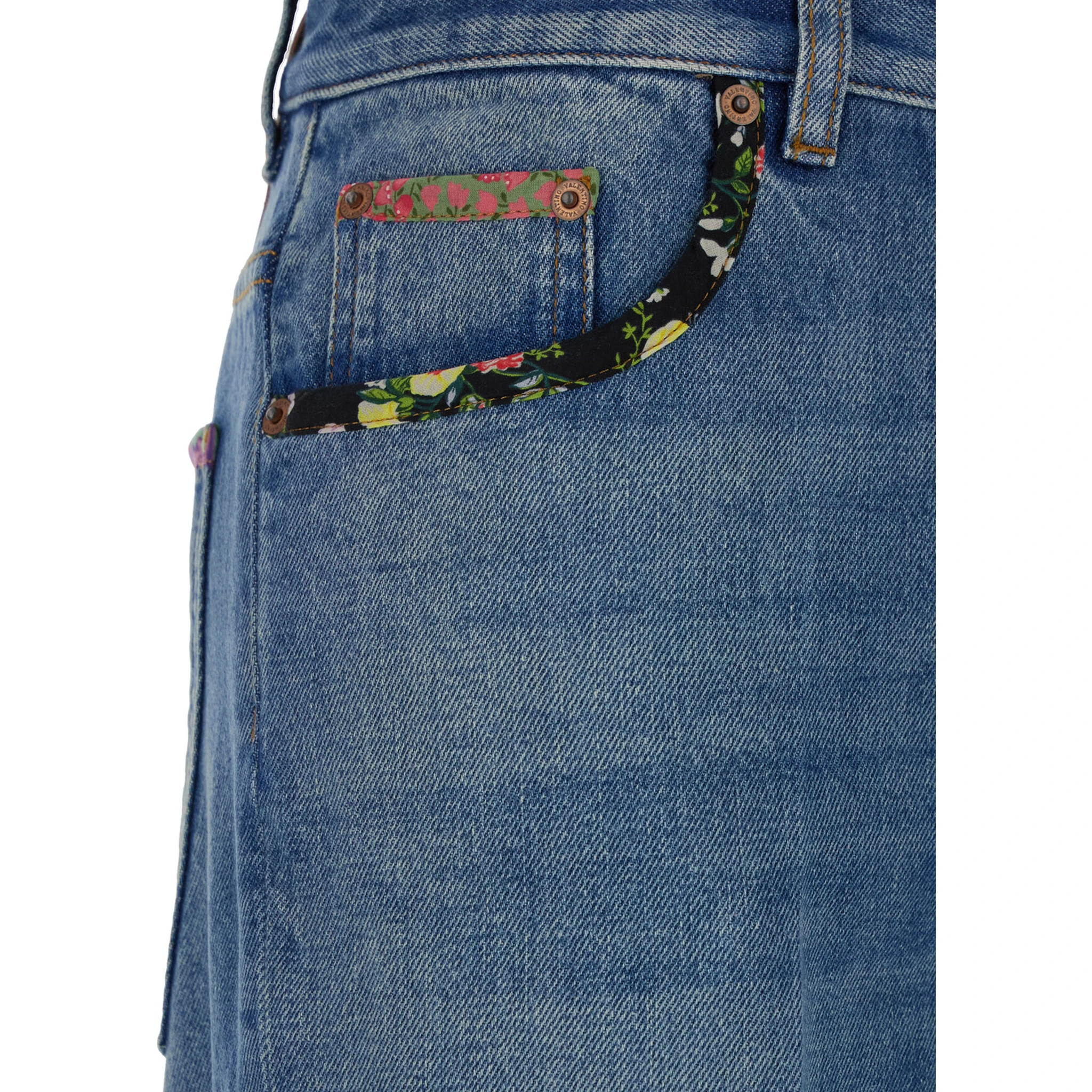 Blue Jeans with Logo Patch on the Rear and Floral Details in Denim Woman