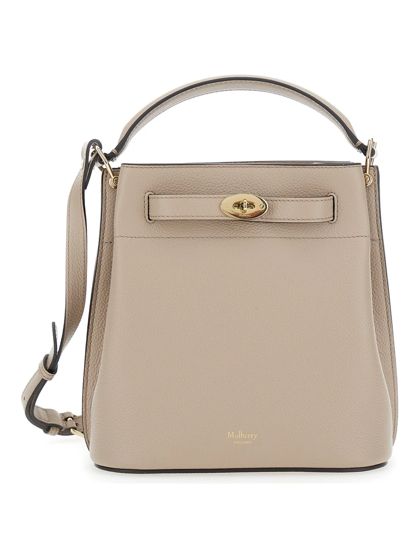 Small Islington Beige Bucket Bag with Twist Lock Closure in Hammered Leather Woman