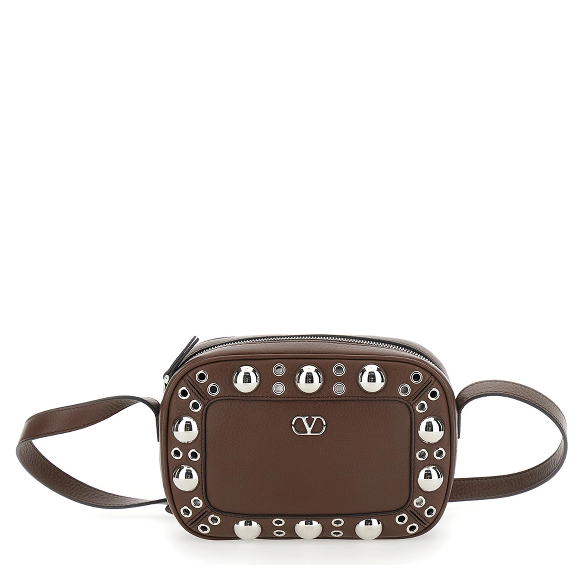 Nellcote Brown Crossbody Bag with Adjustable Shoulder Strap and Stud Embellishments in Grained Leather Man