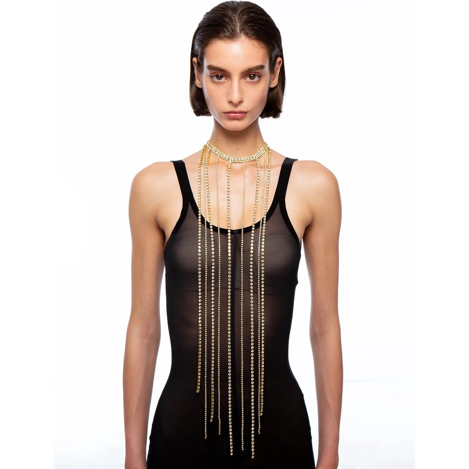 Silver-Colored Necklace with All-Over Applied Glass Crystals and Adjustable Clasp in Brass Woman