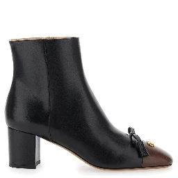 Black Ankle Boots with VLogo Plaque on Front in Leather Woman