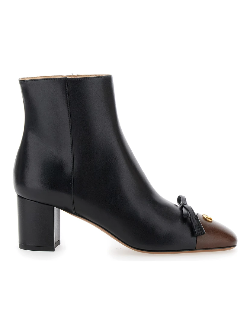 Black Ankle Boots with VLogo Plaque on Front in Leather Woman