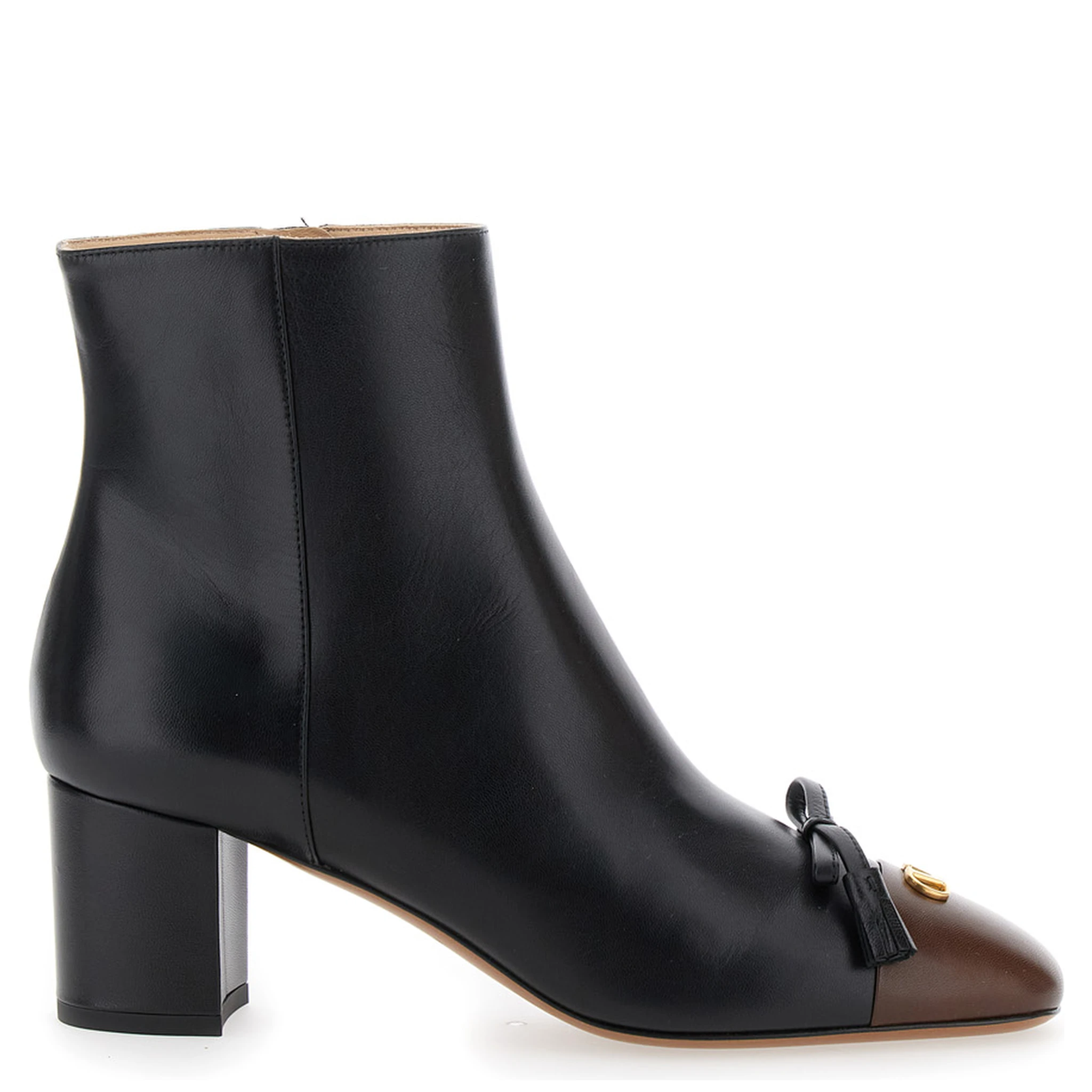 Black Ankle Boots with VLogo Plaque on Front in Leather Woman