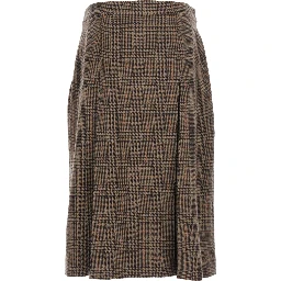 Grey Midi Skirt with Side Concealed Zip Closure and All-Over Check Motif in Wool and Cashmere Woman
