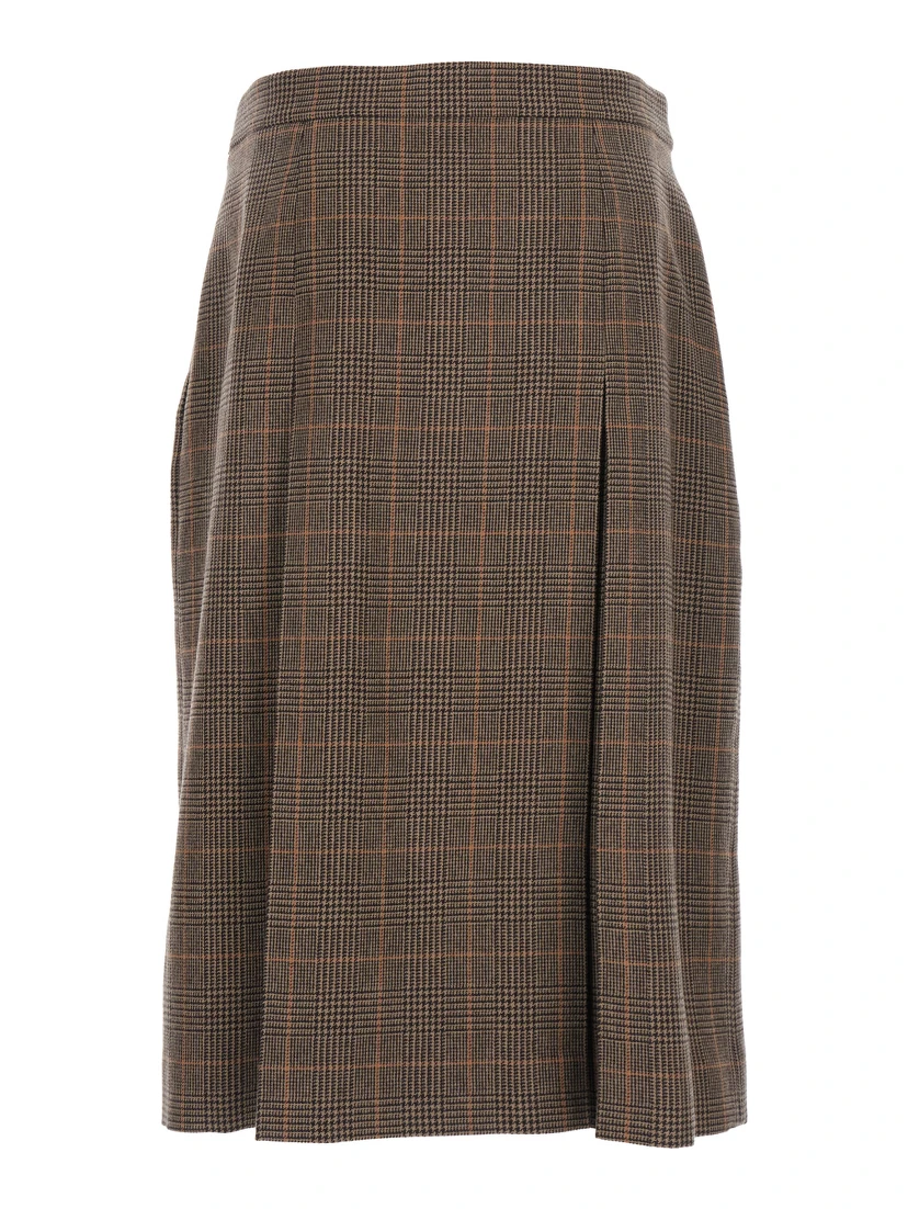 Grey Midi Skirt with Side Concealed Zip Closure and All-Over Check Motif in Wool and Cashmere Woman