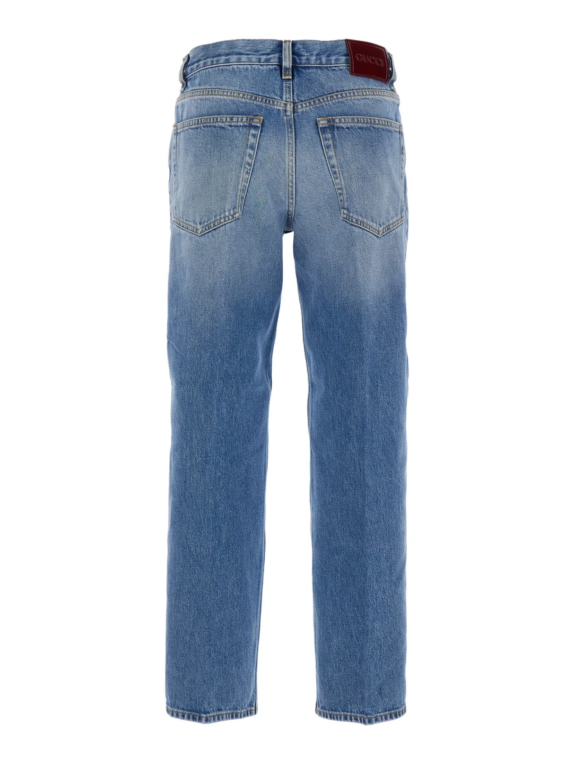 Blue Jeans with Logo Patch on the Rear and Faded Effect in Denim Woman
