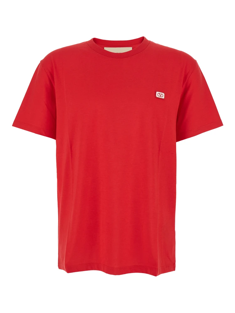 Red Crewneck T-Shirt with VLogo on the Front in Cotton Man