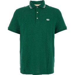 Green Polo Shirt with Classic Collar with Stirped Detail and Logo Patch on the Front in Cotton Piquet Man