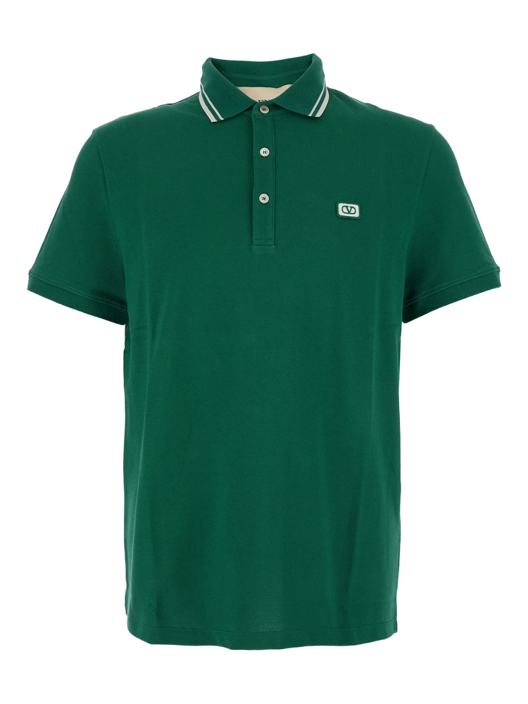 Green Polo Shirt with Classic Collar with Stirped Detail and Logo Patch on the Front in Cotton Piquet Man