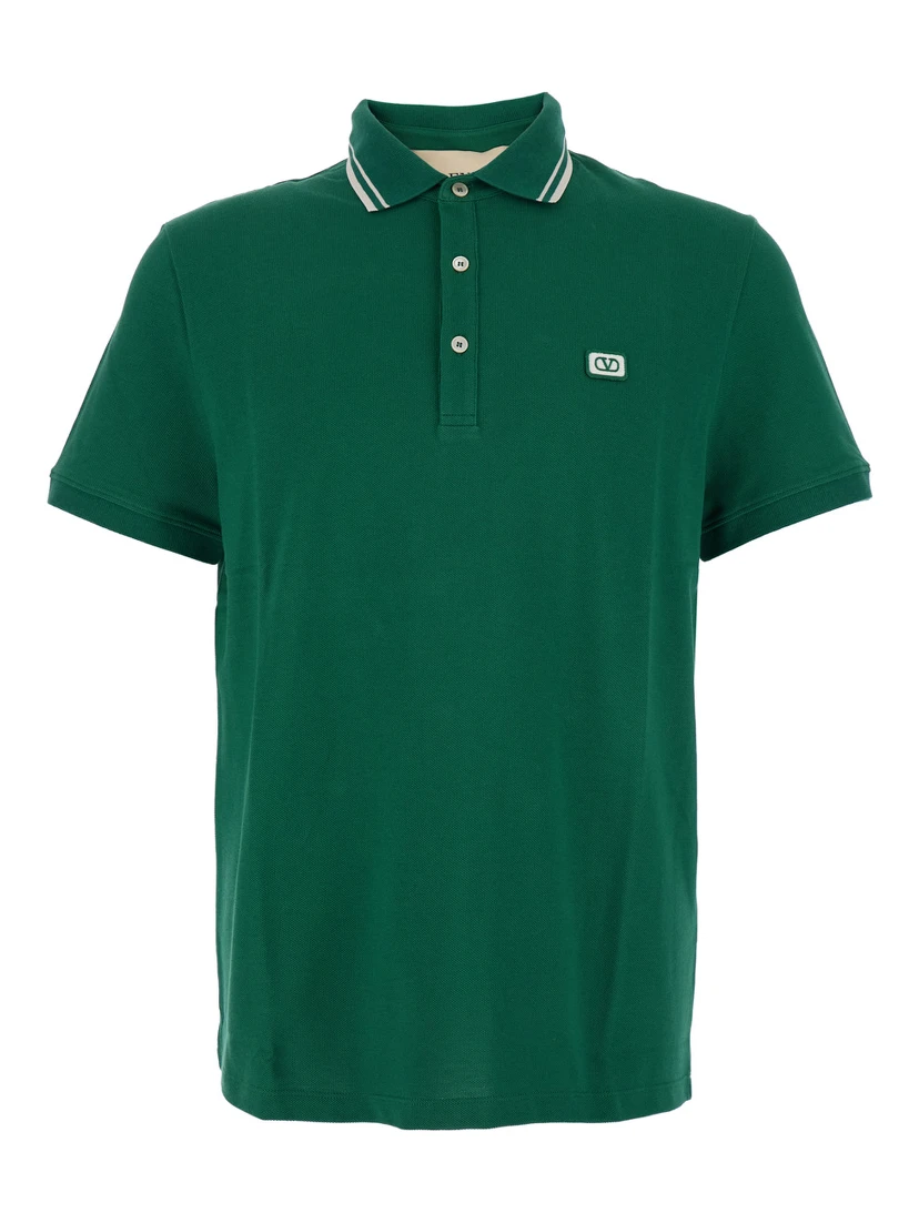 Green Polo Shirt with Classic Collar with Stirped Detail and Logo Patch on the Front in Cotton Piquet Man