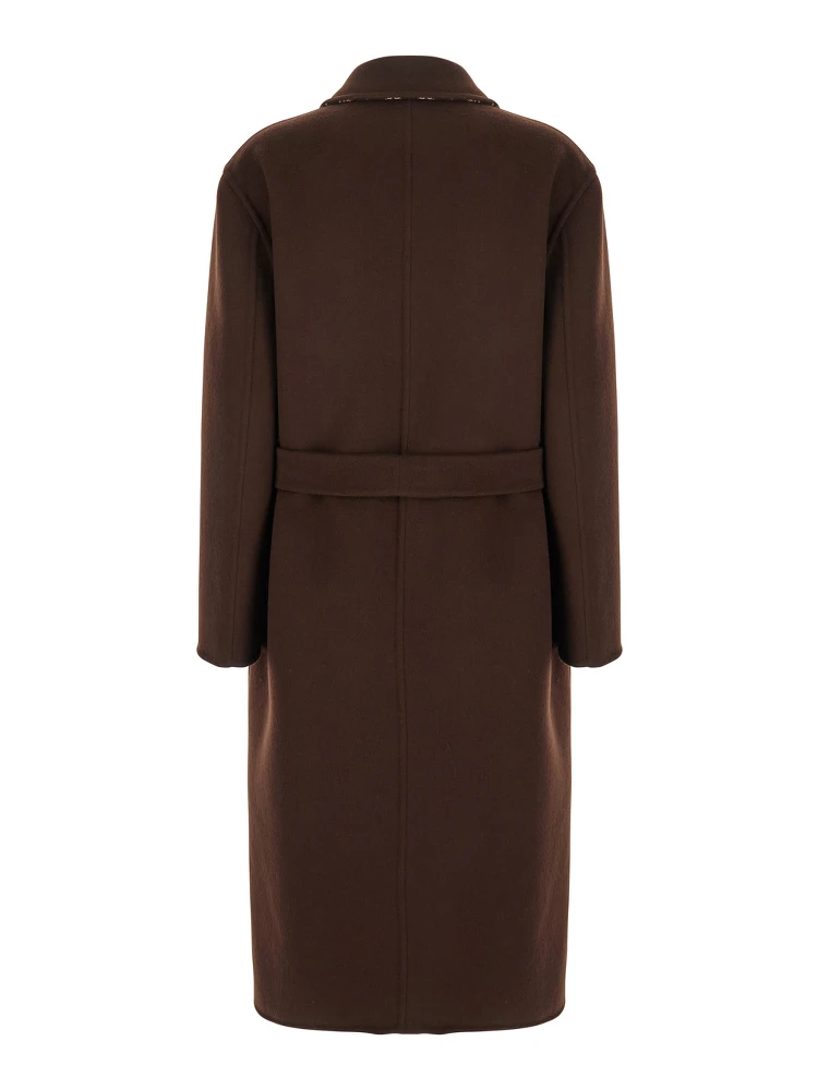 Brown Reversible Double-Breasted Coat with Notched Revers and Belt in Wool Woman alternative