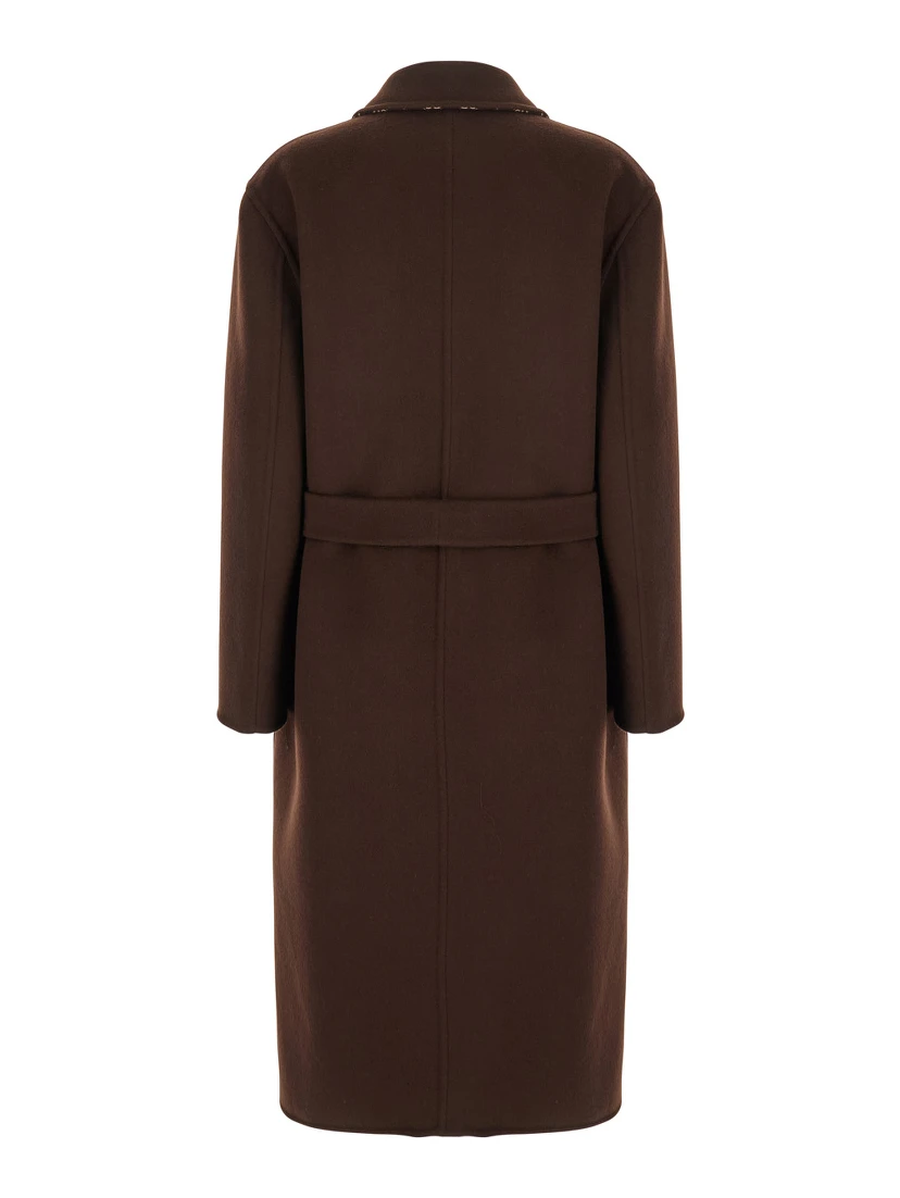 Brown Reversible Double-Breasted Coat with Notched Revers and Belt in Wool Woman