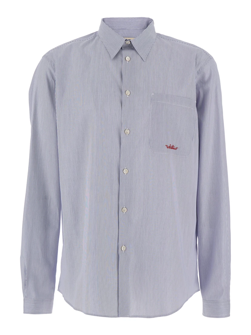 Light Blue Shirt with Classic Collar and All-Over Striped Motif in Cotton Man