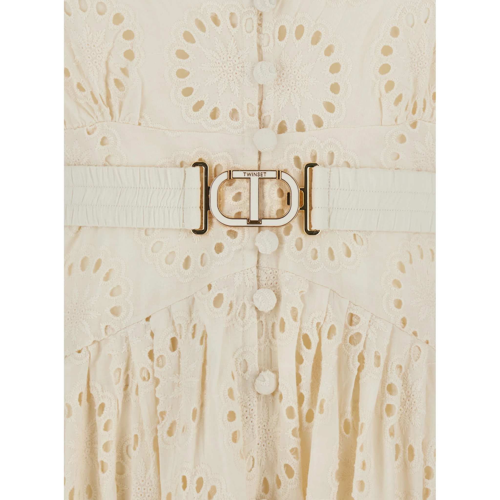 White Long Dress with V-Neck and Waist Belt with Metallic Logo Plaque in Cotton Woman