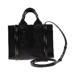 Small Woody Black Tote Bag with Tonal Logo Detail in Leather Woman