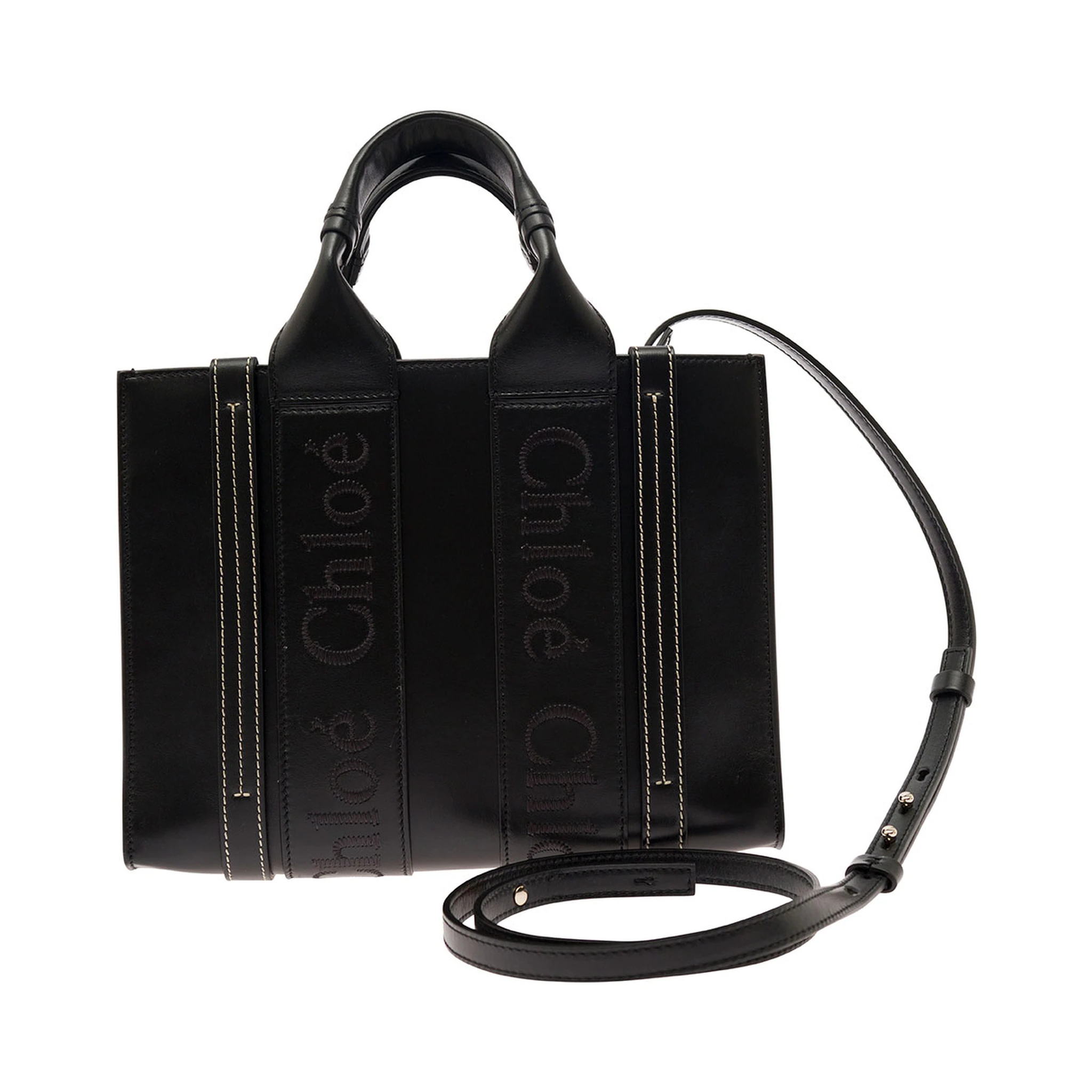 Small Woody Black Tote Bag with Tonal Logo Detail in Leather Woman