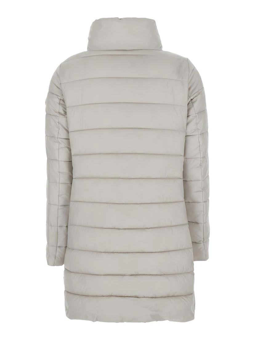 Lydia Beige Down Jacket with High Neck and Logo Patch on the Sleeve in Tech Fabric Woman