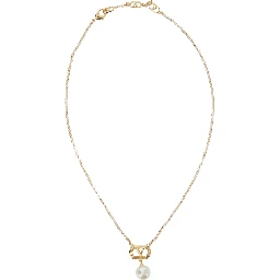 Metallic Chain-Link Necklace with VLogo Charm with Pearl in Brass Woman