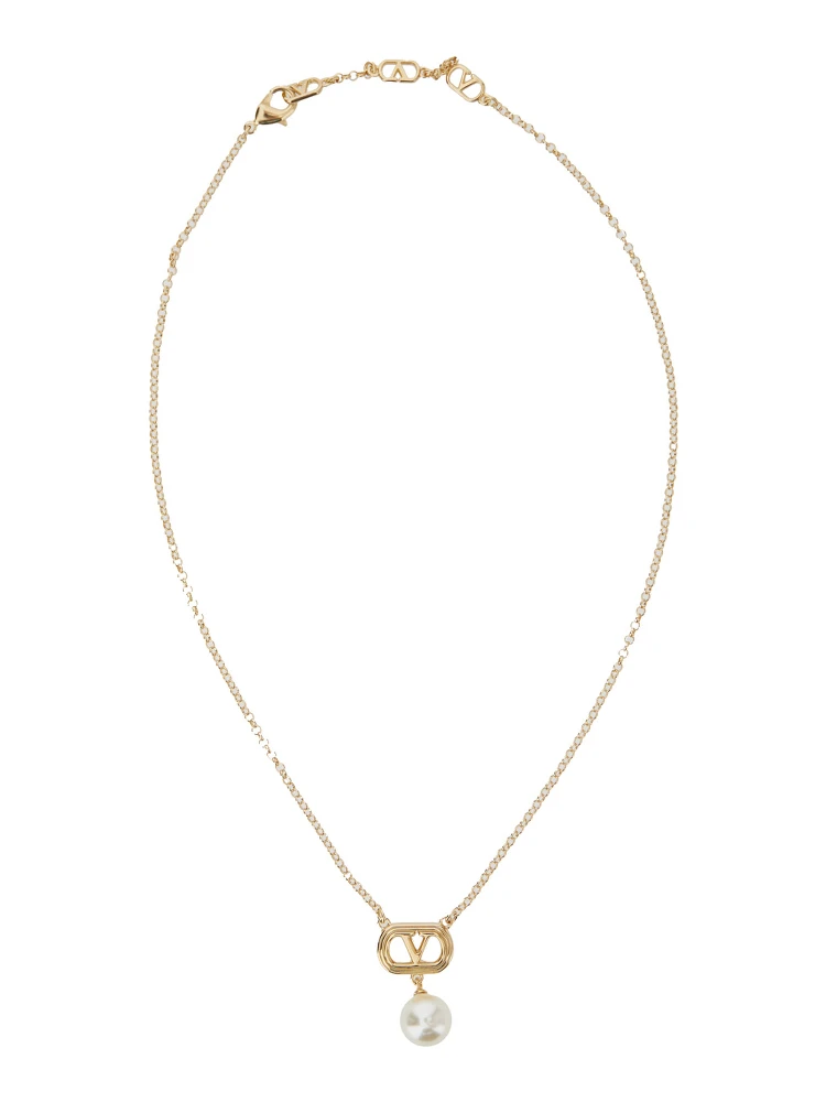 Metallic Chain-Link Necklace with VLogo Charm with Pearl in Brass Woman