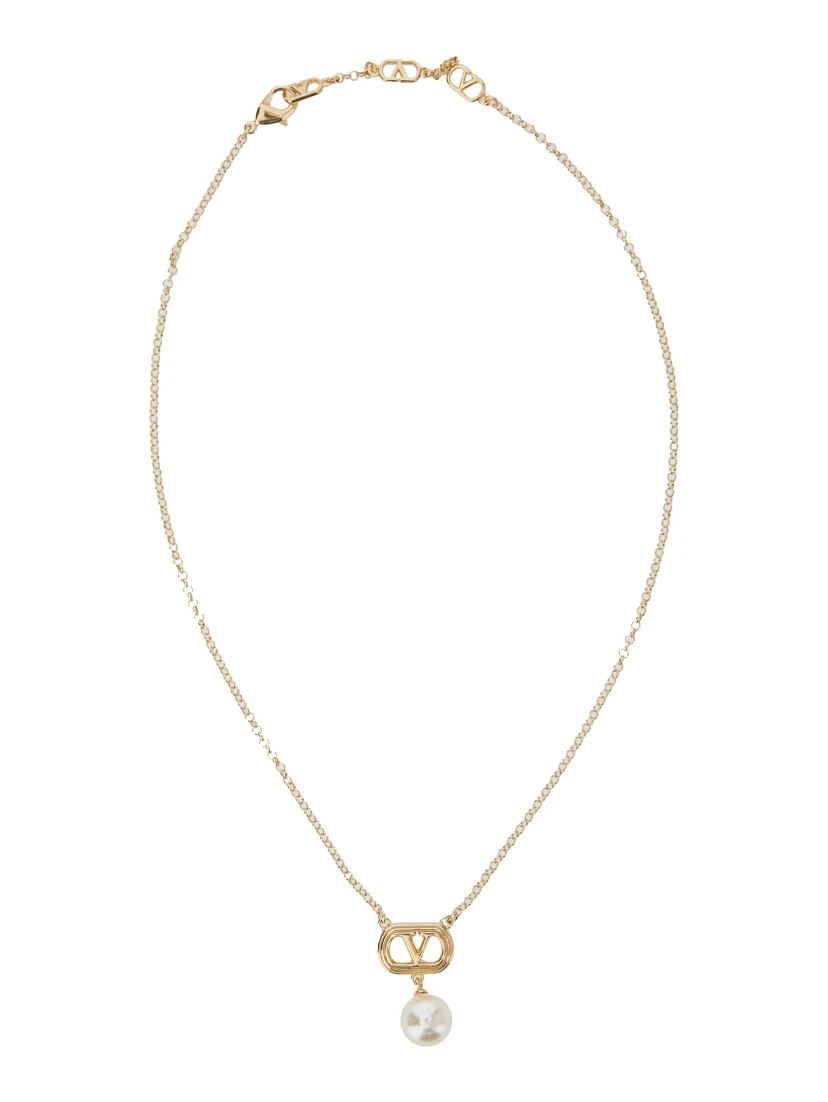 Metallic Chain-Link Necklace with VLogo Charm with Pearl in Brass Woman
