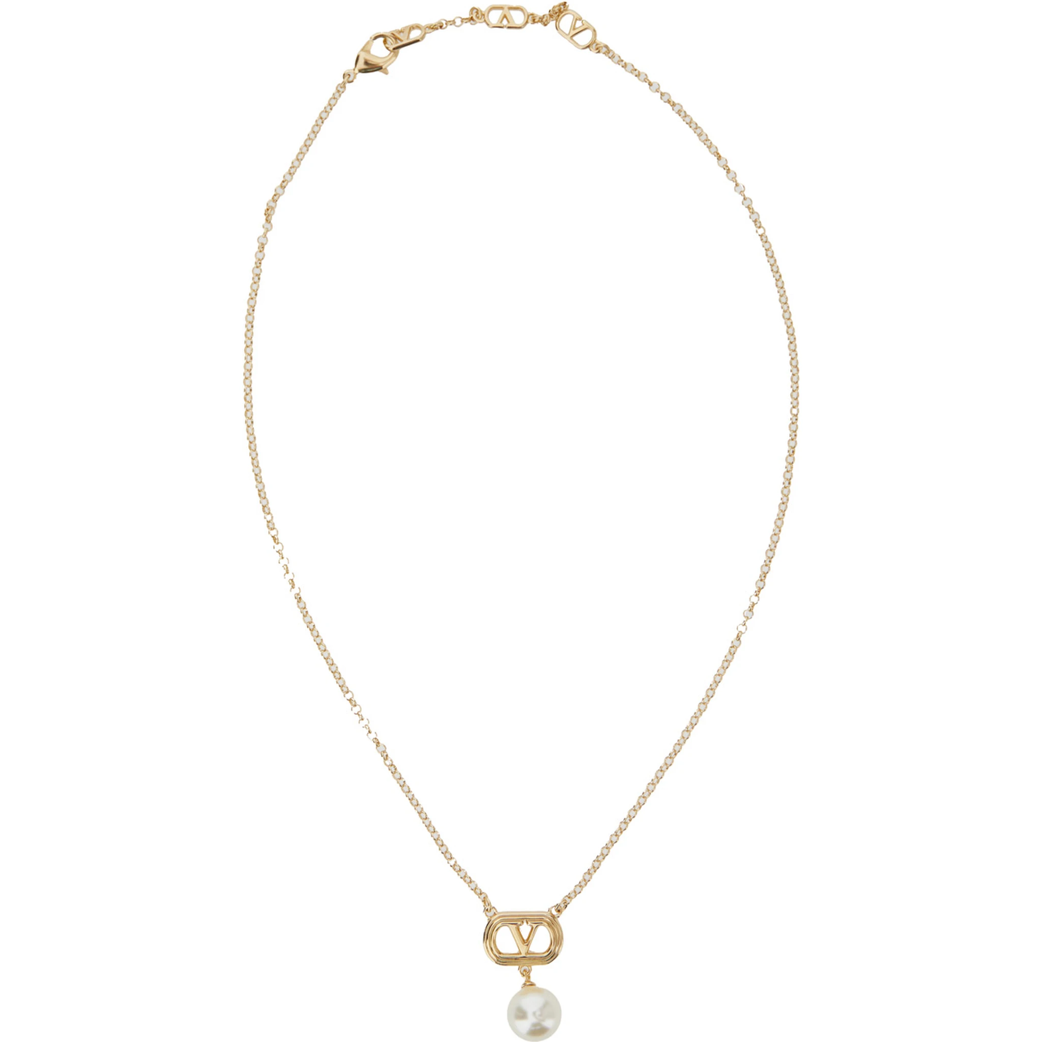 Metallic Chain-Link Necklace with VLogo Charm with Pearl in Brass Woman