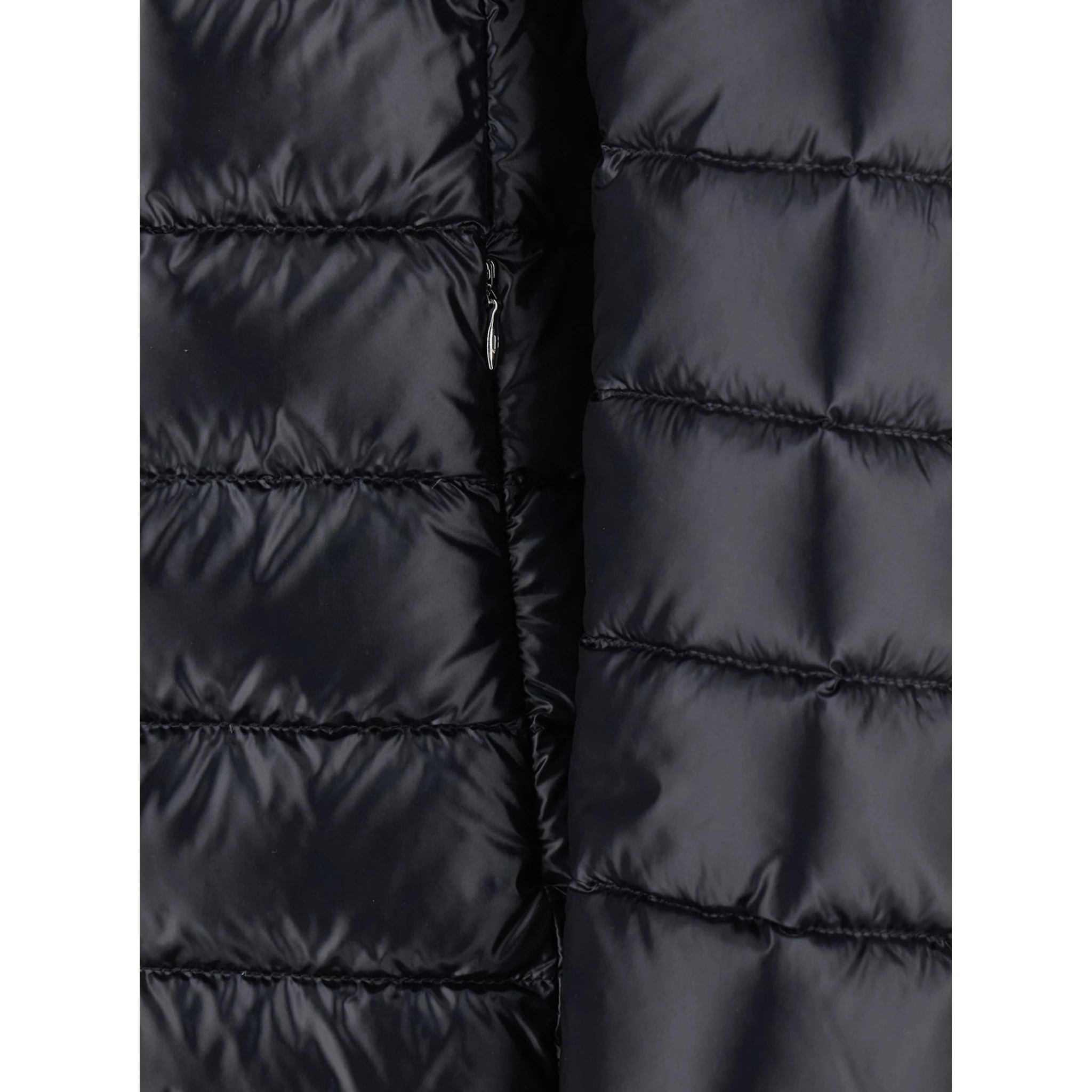 Black Down Jacket with Fixed Hood and Two Front Welt Pockets with Zip in Tech Fabric Woman