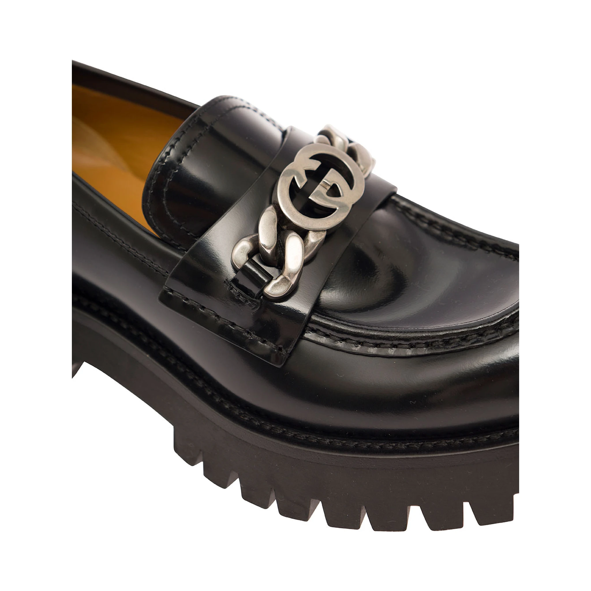Jeanne Black Loafers with Interlocking G Detail and Lug Sole in Leather Woman