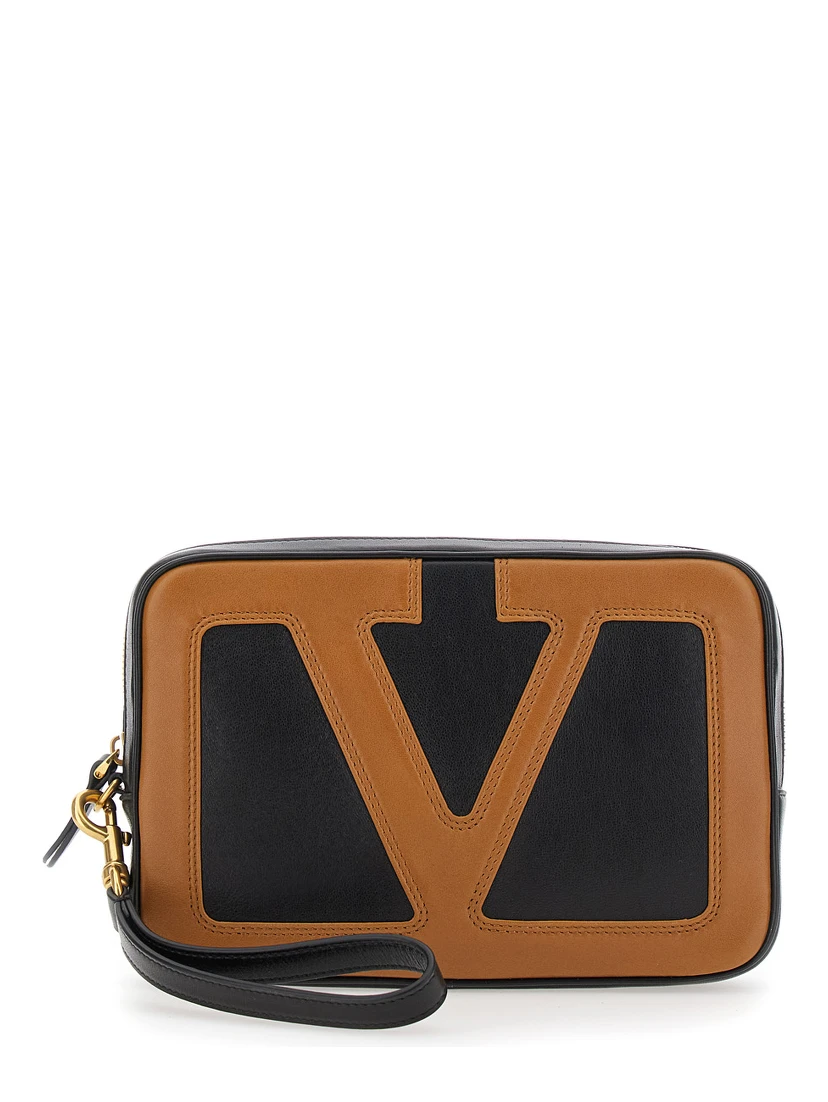 Viva Superstar Black Clutch with Removable Wrist Strap and Maxi VLogo on the Front in Leather Man