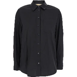 Black Shirt with Button-Down Collar and One Front Patch Pocket in Cotton Stretch Woman