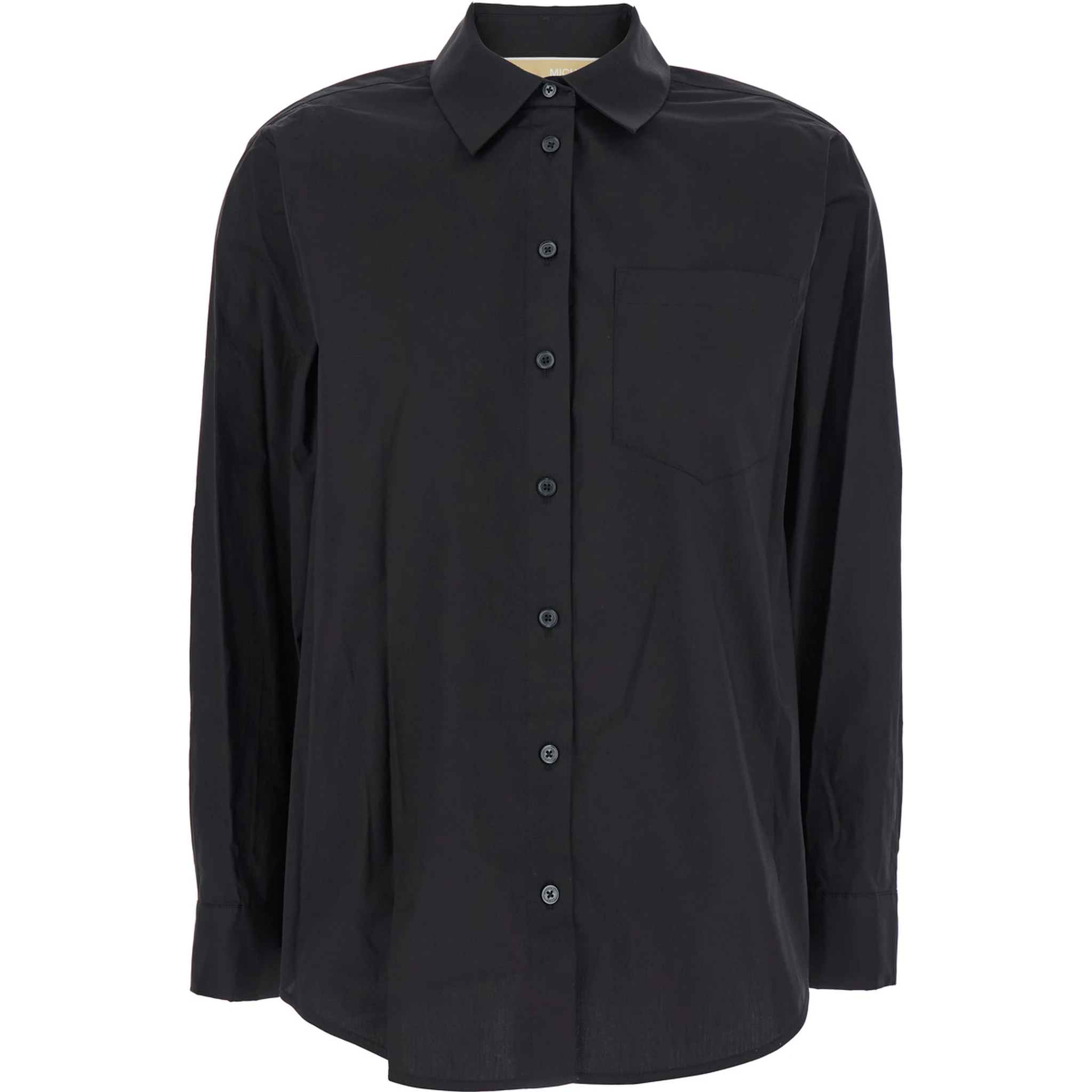 Black Shirt with Button-Down Collar and One Front Patch Pocket in Cotton Stretch Woman