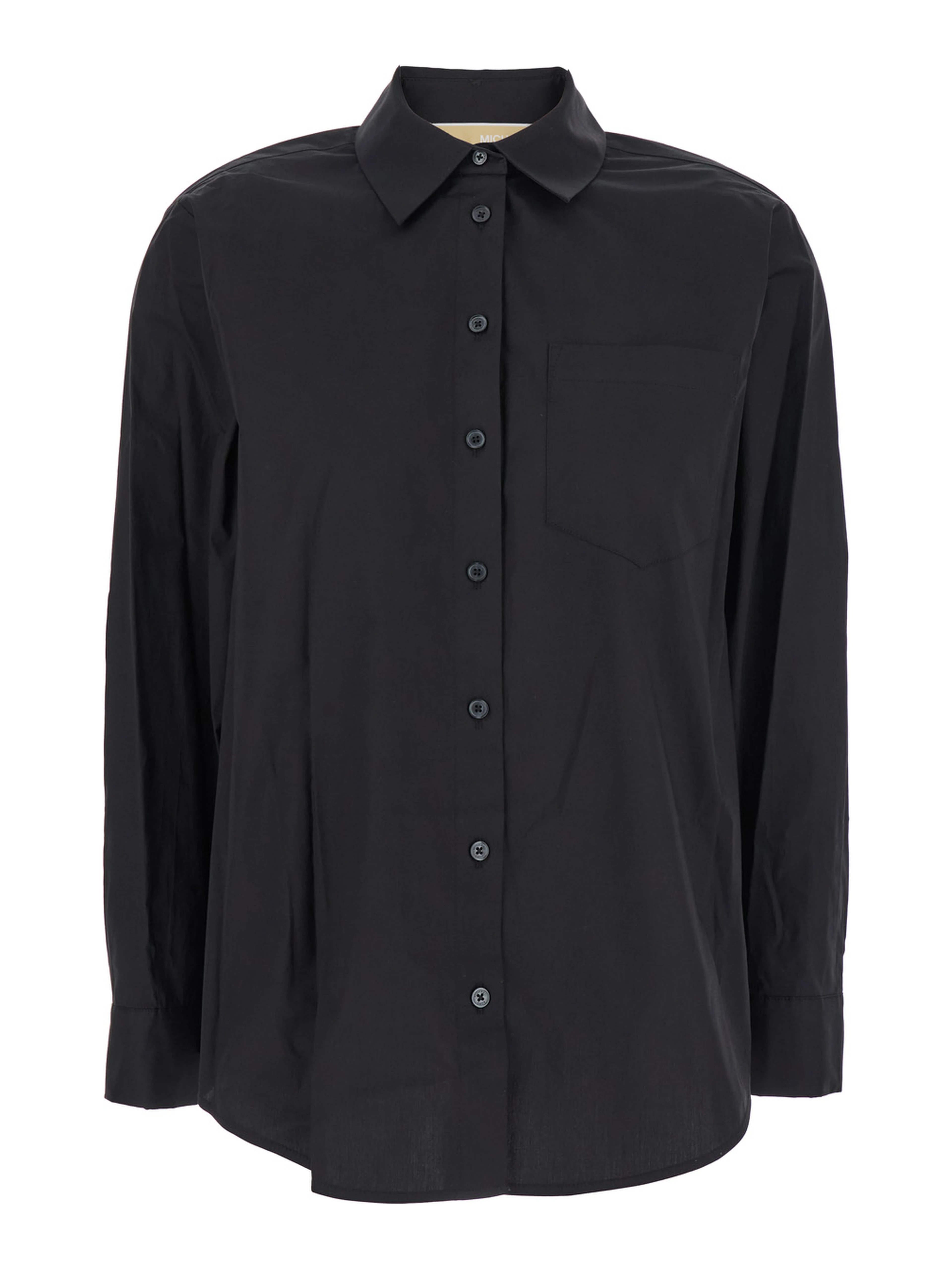 Black Shirt with Button-Down Collar and One Front Patch Pocket in Cotton Stretch Woman